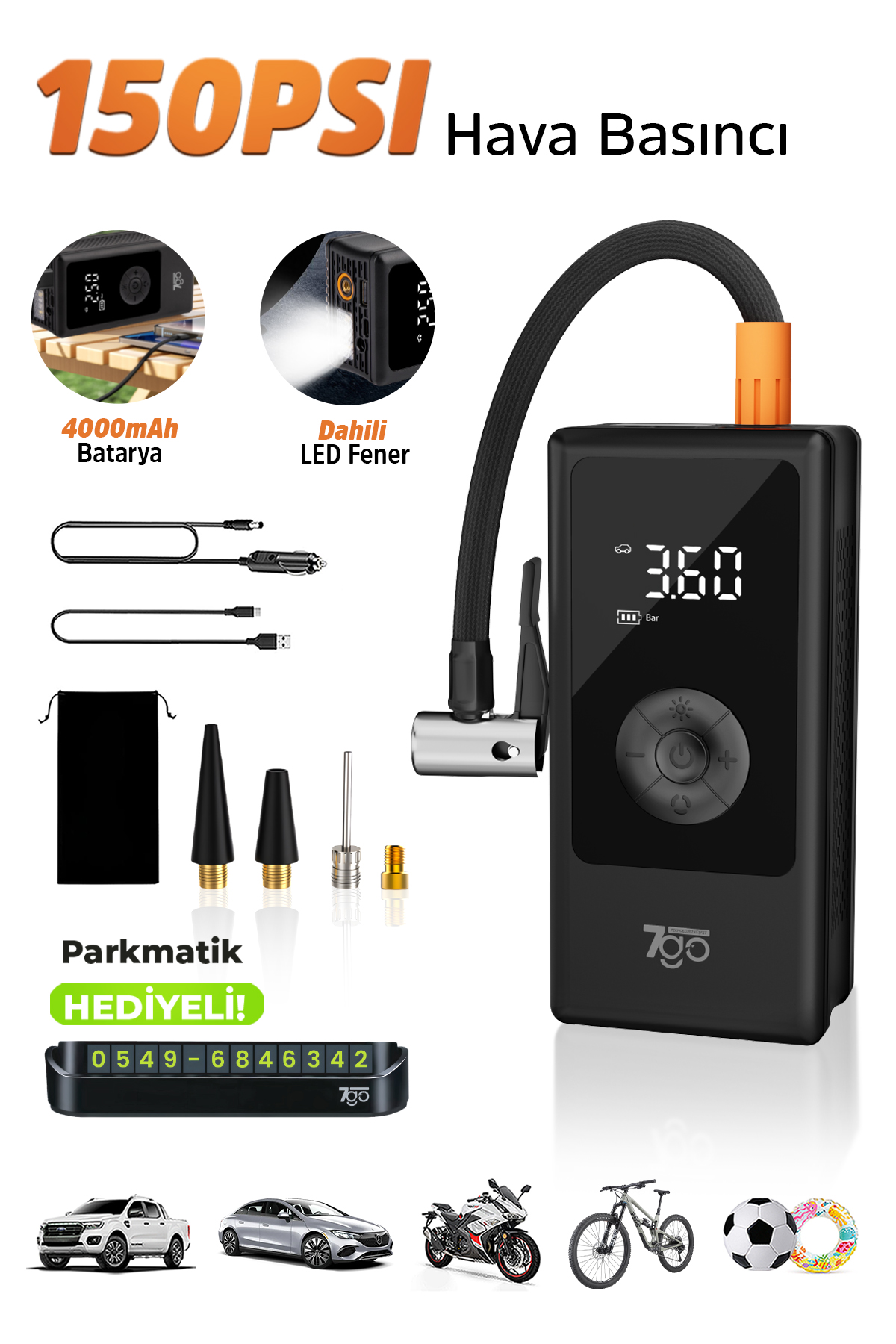 7GO 7A3 Hava Pompası & Powerbank | 150 PSI Ultra Basınç, LED Işıklı, LCD Ekranlı, 4000mAh Taşınabilir Şarjlı Kompresör
