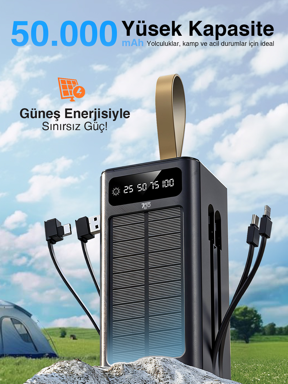 7GO GPW-01 50.000 mAh Solar Powerbank – 22.5 W Hızlı Şarj, Dahili Kablolu, LED Ekranlı Taşınabilir Şarj Cihazı