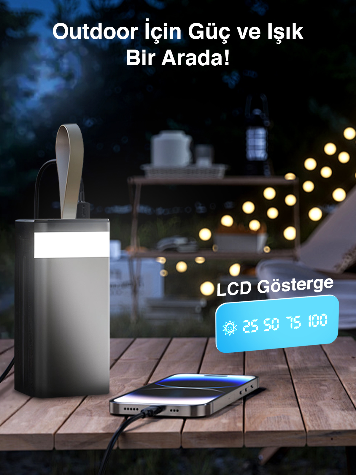 7GO GPW-01 50.000 mAh Solar Powerbank – 22.5 W Hızlı Şarj, Dahili Kablolu, LED Ekranlı Taşınabilir Şarj Cihazı