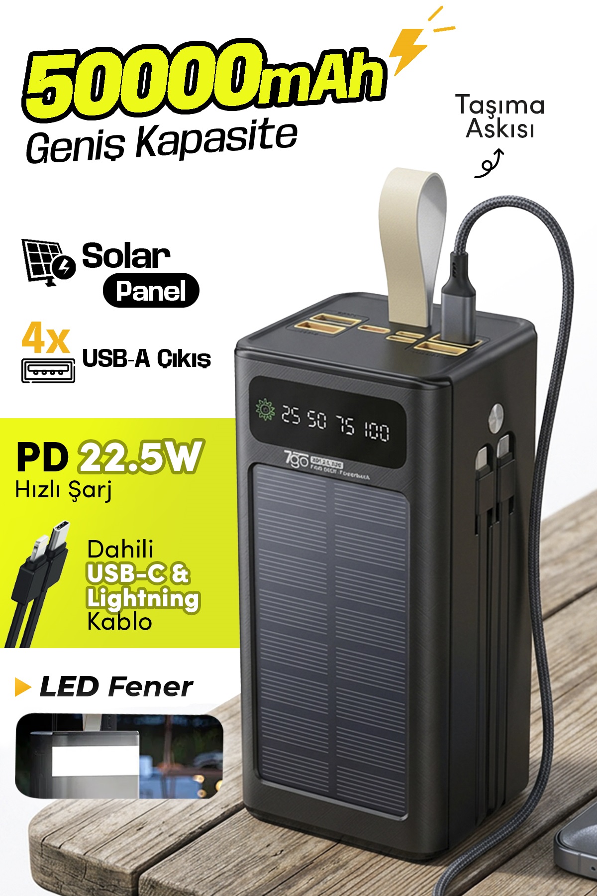 7GO GPW-01 50.000 mAh Solar Powerbank – 22.5 W Hızlı Şarj, Dahili Kablolu, LED Ekranlı Taşınabilir Şarj Cihazı