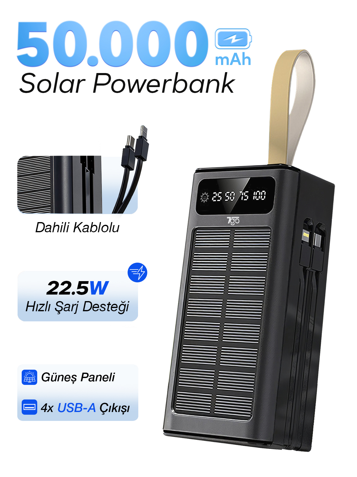 7GO GPW-01 50.000 mAh Solar Powerbank – 22.5 W Hızlı Şarj, Dahili Kablolu, LED Ekranlı Taşınabilir Şarj Cihazı