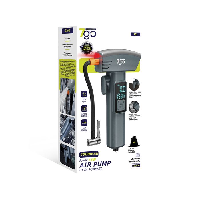 7GO 7A1 Hava Pompası | 150 PSI Ultra Basınç | 4000mAh Batarya | LED Işıklı & LCD Ekranlı Taşınabilir Kompresör