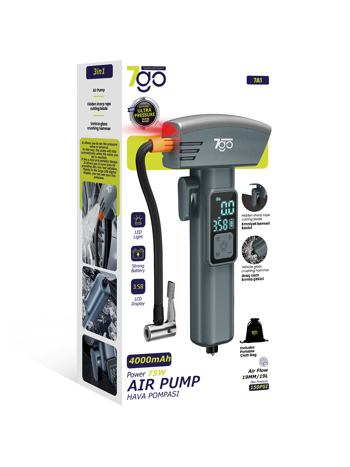 7GO 7A1 Hava Pompası | 150 PSI Ultra Basınç | 4000mAh Batarya | LED Işıklı & LCD Ekranlı Taşınabilir Kompresör