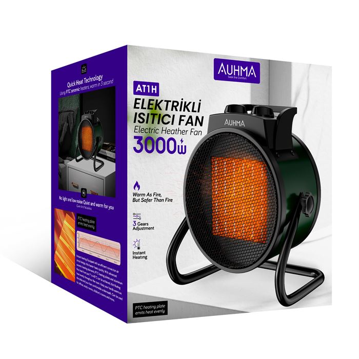 Auhma AT1H Elektrikli Isıtıcı Fan Yeşil | 3000W Hızlı Isınma, 3 Kademeli Ayar, Sessiz PTC Isıtma Teknolojisi
