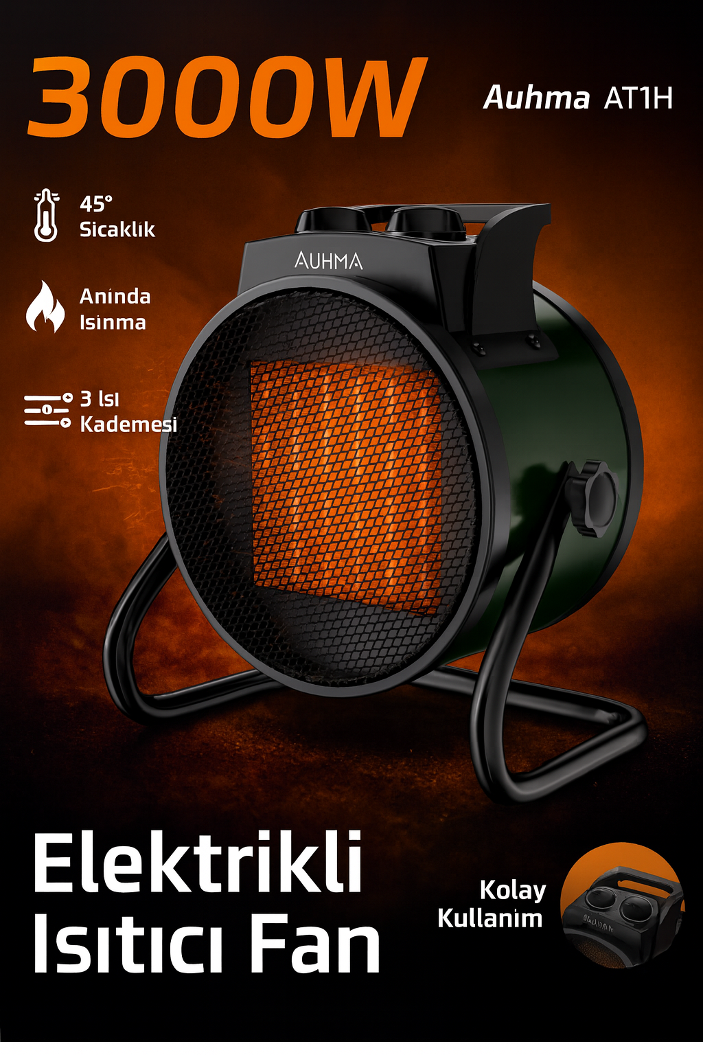 Auhma AT1H Elektrikli Isıtıcı Fan Yeşil | 3000W Hızlı Isınma, 3 Kademeli Ayar, Sessiz PTC Isıtma Teknolojisi