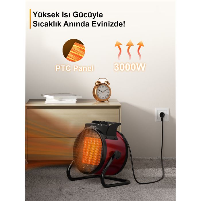 Auhma AT1H Elektrikli Isıtıcı Fan Kırmızı | 3000W Hızlı Isınma, 3 Kademeli Ayar, Sessiz PTC Isıtma Teknolojisi
