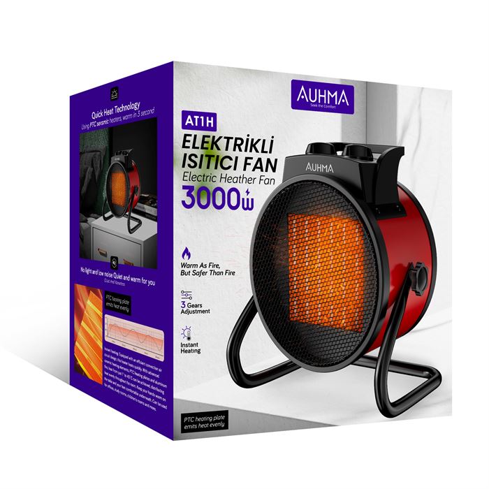 Auhma AT1H Elektrikli Isıtıcı Fan Kırmızı | 3000W Hızlı Isınma, 3 Kademeli Ayar, Sessiz PTC Isıtma Teknolojisi