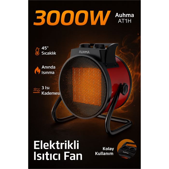 Auhma AT1H Elektrikli Isıtıcı Fan Kırmızı | 3000W Hızlı Isınma, 3 Kademeli Ayar, Sessiz PTC Isıtma Teknolojisi