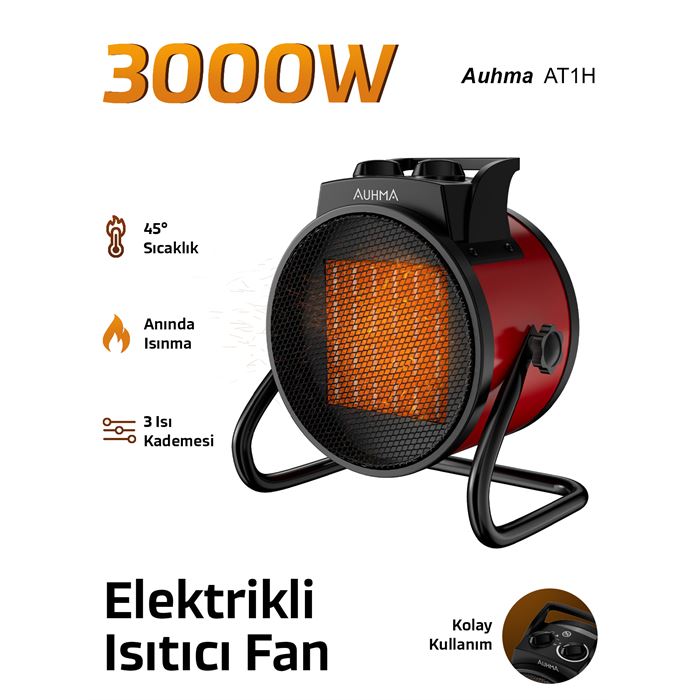 Auhma AT1H Elektrikli Isıtıcı Fan Kırmızı | 3000W Hızlı Isınma, 3 Kademeli Ayar, Sessiz PTC Isıtma Teknolojisi