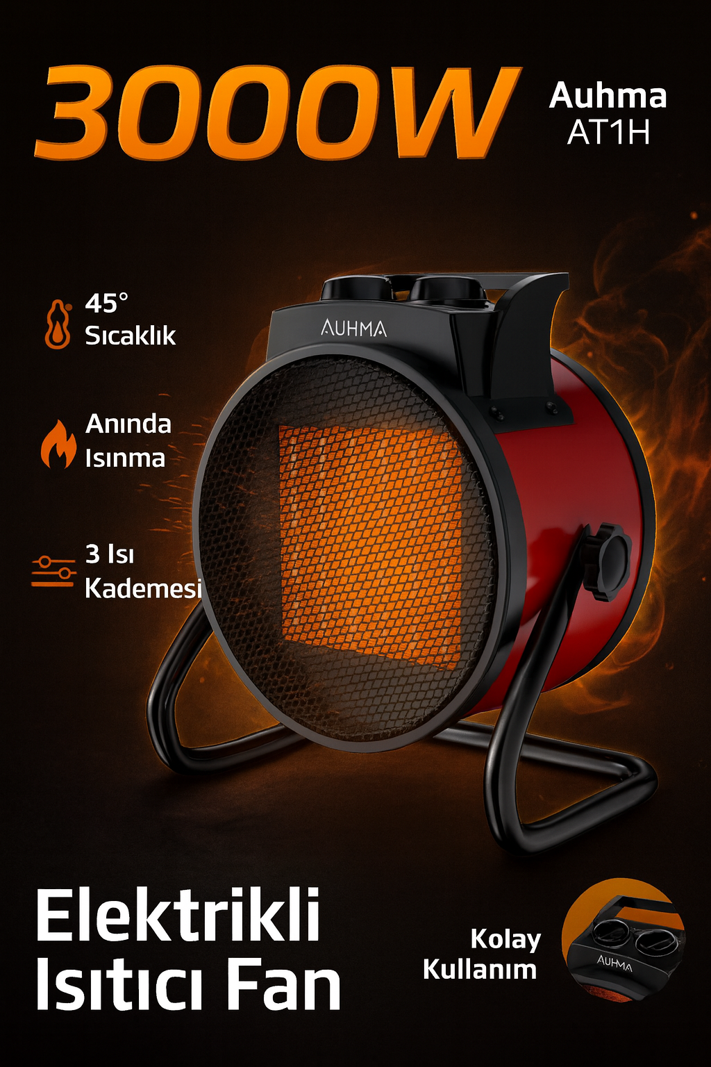 Auhma AT1H Elektrikli Isıtıcı Fan Kırmızı | 3000W Hızlı Isınma, 3 Kademeli Ayar, Sessiz PTC Isıtma Teknolojisi