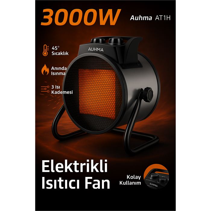 Auhma AT1H Elektrikli Isıtıcı Fan Gri | 3000W Hızlı Isınma, 3 Kademeli Ayar, Sessiz PTC Isıtma Teknolojisi