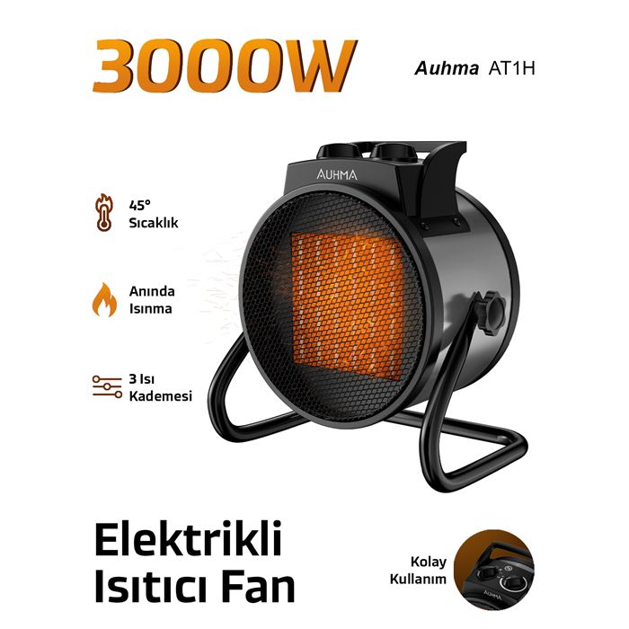 Auhma AT1H Elektrikli Isıtıcı Fan Gri | 3000W Hızlı Isınma, 3 Kademeli Ayar, Sessiz PTC Isıtma Teknolojisi