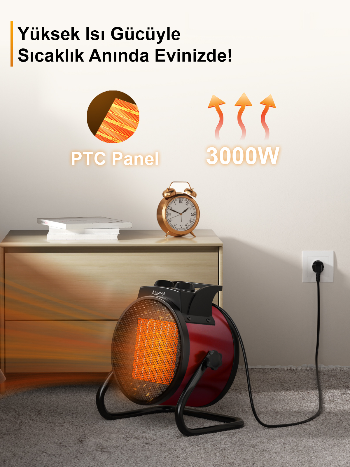 Auhma AT1H Elektrikli Isıtıcı Fan Gri | 3000W Hızlı Isınma, 3 Kademeli Ayar, Sessiz PTC Isıtma Teknolojisi