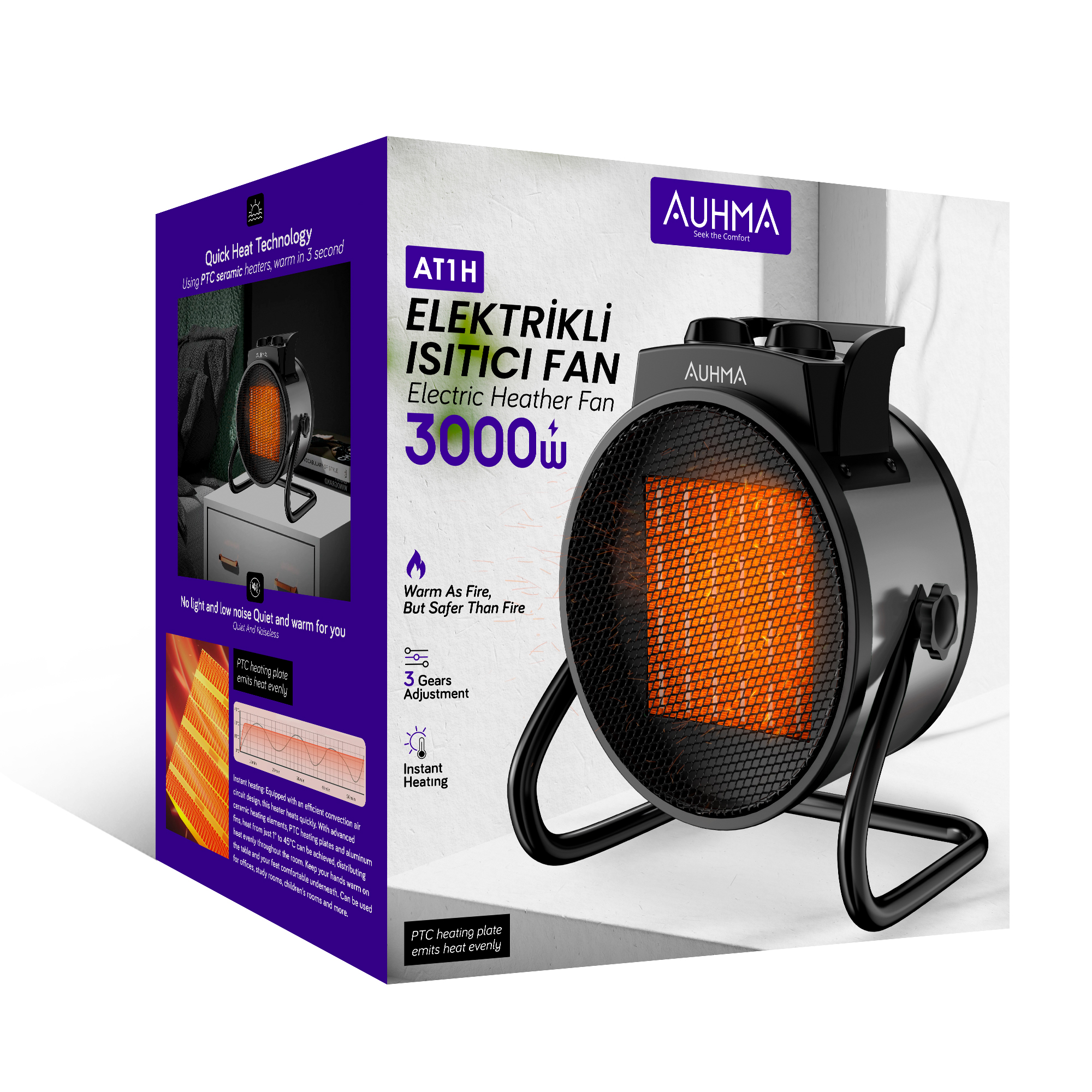 Auhma AT1H Elektrikli Isıtıcı Fan Gri | 3000W Hızlı Isınma, 3 Kademeli Ayar, Sessiz PTC Isıtma Teknolojisi