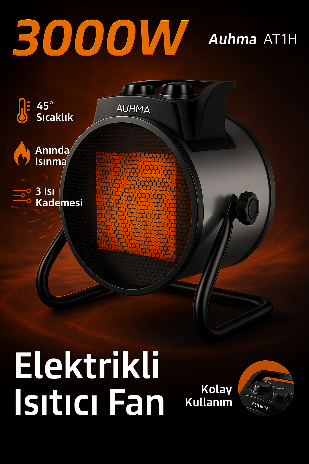 Auhma AT1H Elektrikli Isıtıcı Fan Gri | 3000W Hızlı Isınma, 3 Kademeli Ayar, Sessiz PTC Isıtma Teknolojisi