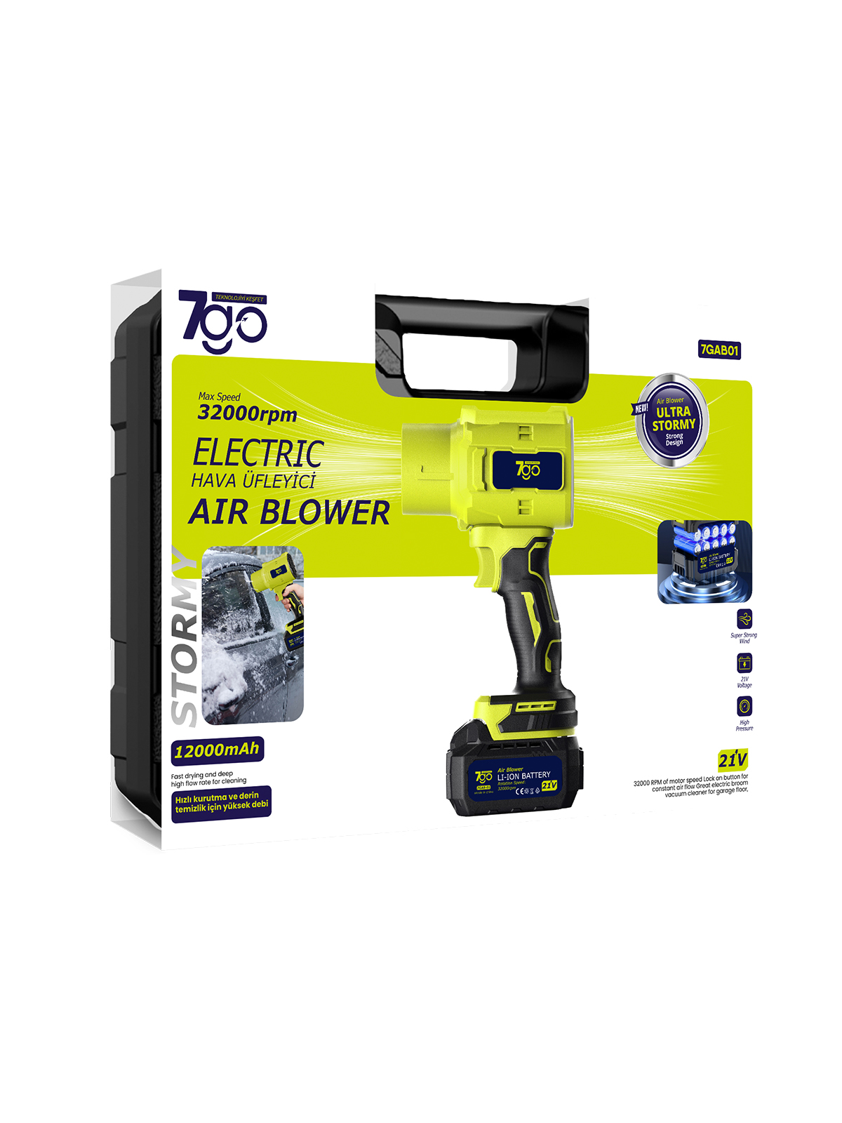 7GO 7GAB01 21V Kablosuz Hava Üfleyici | 32.000RPM Turbo Fan, 12.000mAh Batarya, Bahçe & Araç Kurutma, Toz Temizleme