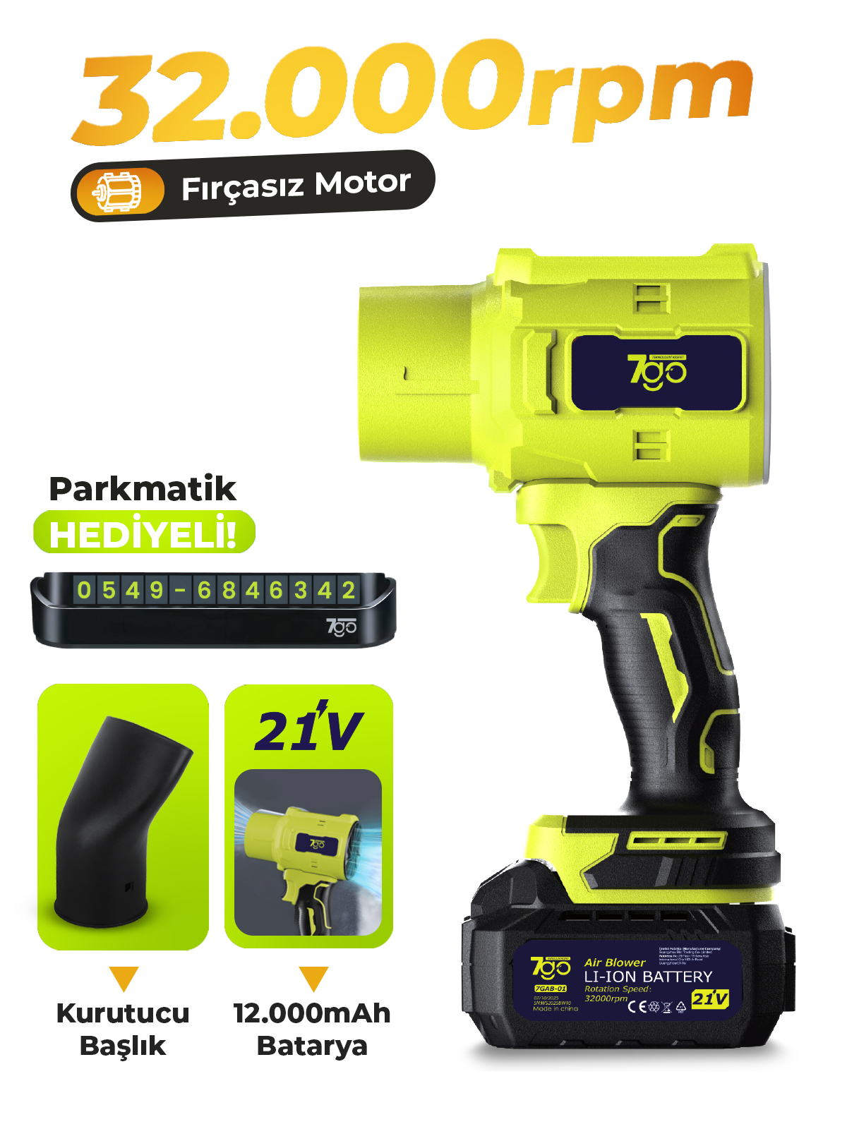 7GO 7GAB01 21V Kablosuz Hava Üfleyici | 32.000RPM Turbo Fan, 12.000mAh Batarya, Bahçe & Araç Kurutma, Toz Temizleme