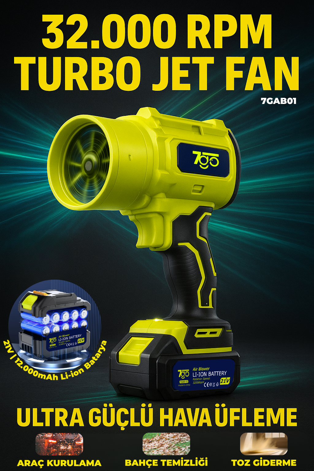 7GO 7GAB01 21V Kablosuz Hava Üfleyici | 32.000RPM Turbo Fan, 12.000mAh Batarya, Bahçe & Araç Kurutma, Toz Temizleme