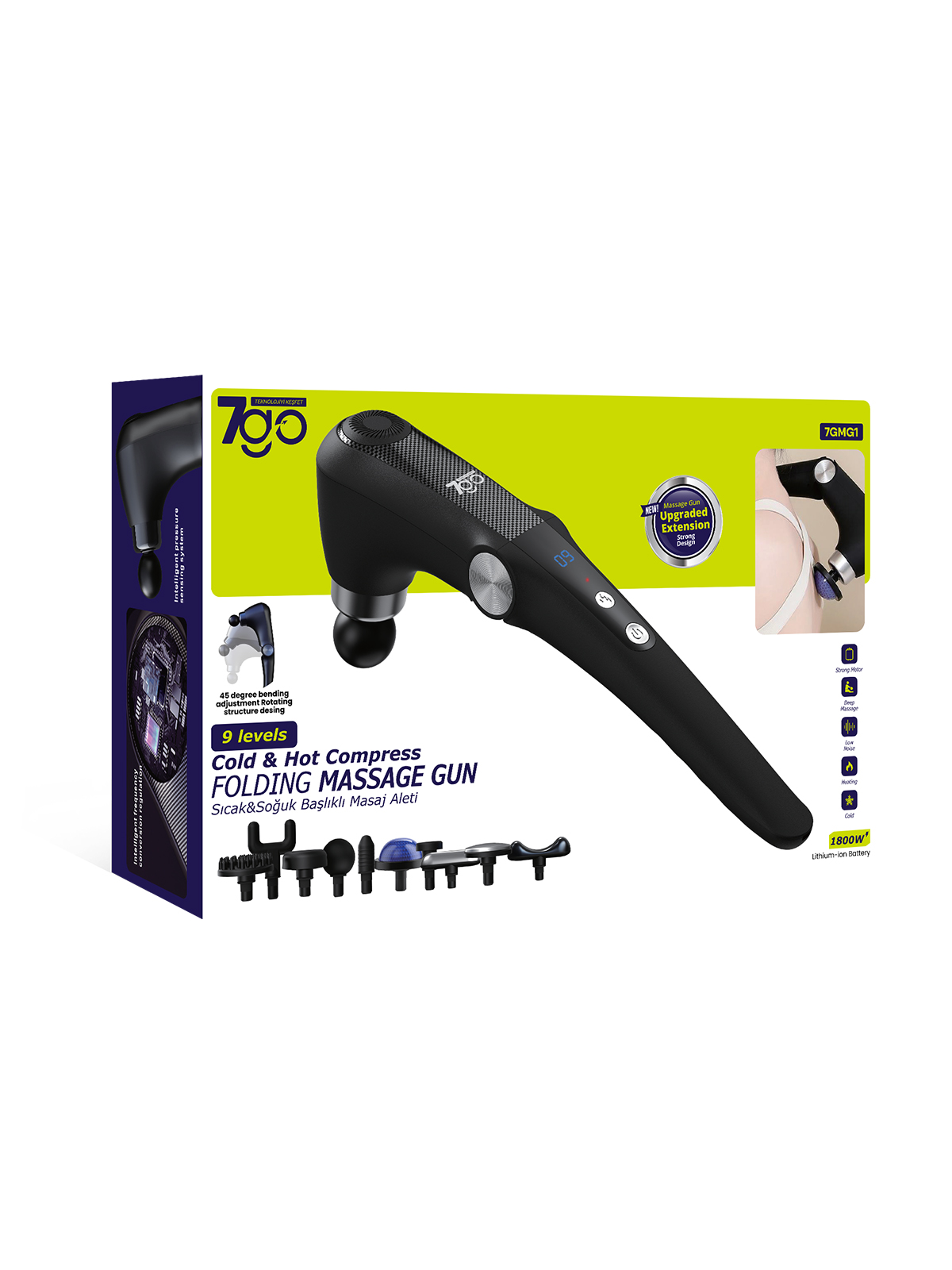7GO 7GMG1 Katlanabilir Sıcak & Soğuk Başlıklı Masaj Aleti – 9 Kademeli, 10 Farklı Başlık, 1800mAh Lityum-İyon Batarya