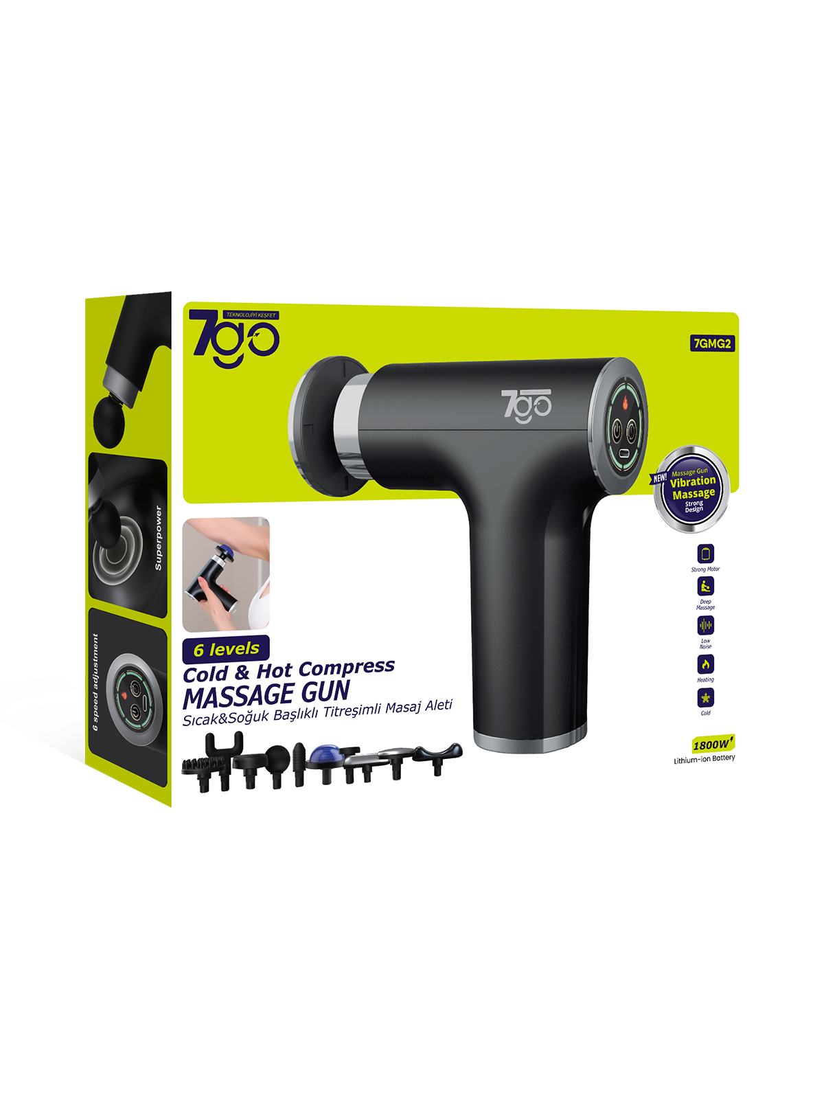 7GO 7GMG2 Sıcak & Soğuk Başlıklı Masaj Tabancası – 10 Başlık, 6 Kademeli, 1800mAh Lityum-İyon Pil