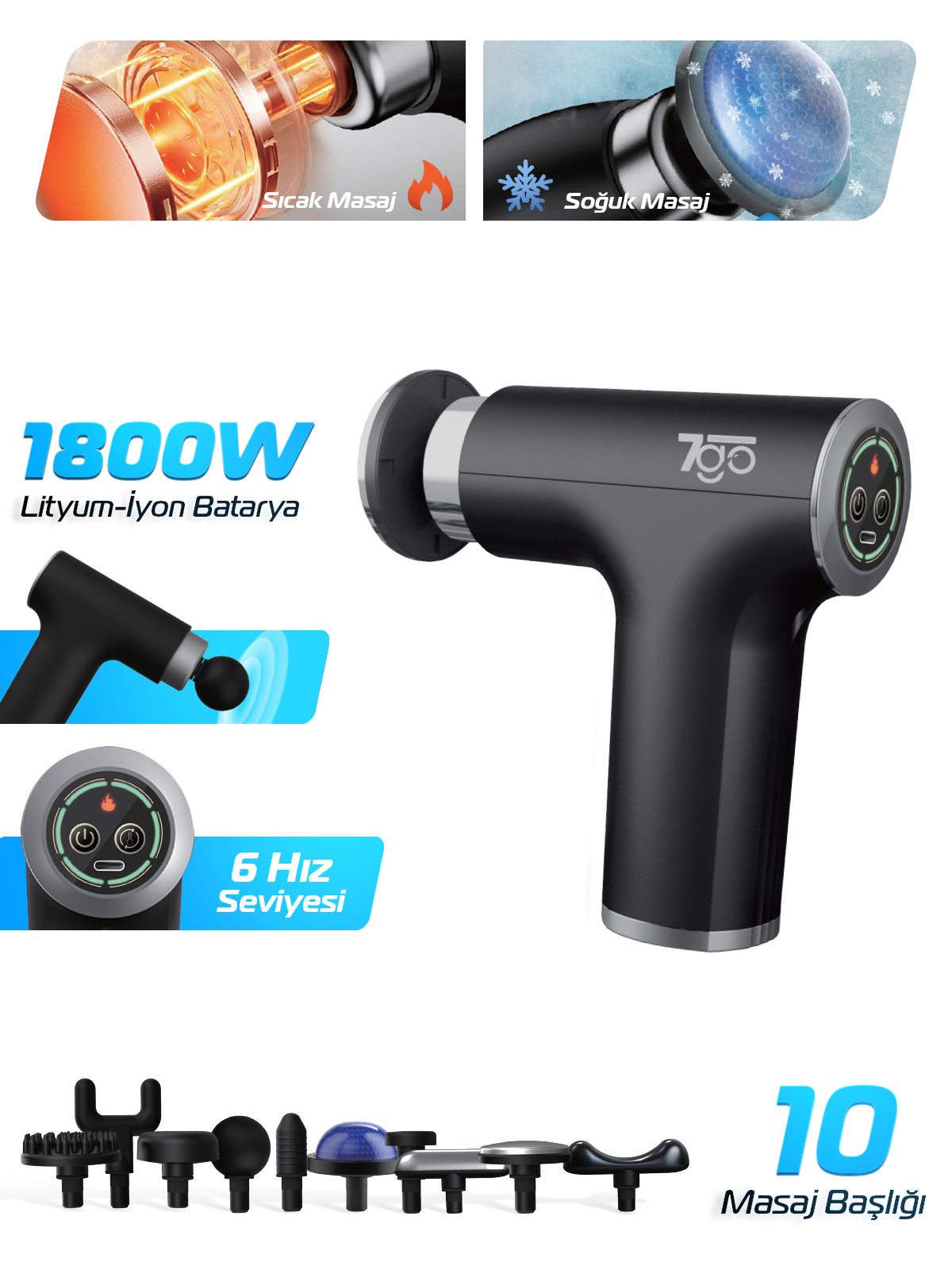 7GO 7GMG2 Sıcak & Soğuk Başlıklı Masaj Tabancası – 10 Başlık, 6 Kademeli, 1800mAh Lityum-İyon Pil
