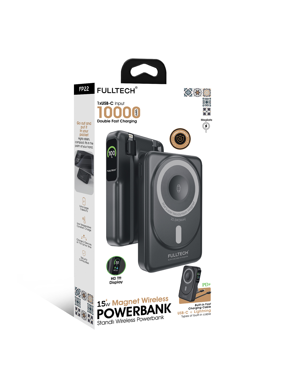Fulltech FP22 10.000mAh 15W MagSafe Standlı Wireless Powerbank | Hızlı Şarj, Çift Çıkış, Dahili Kablo