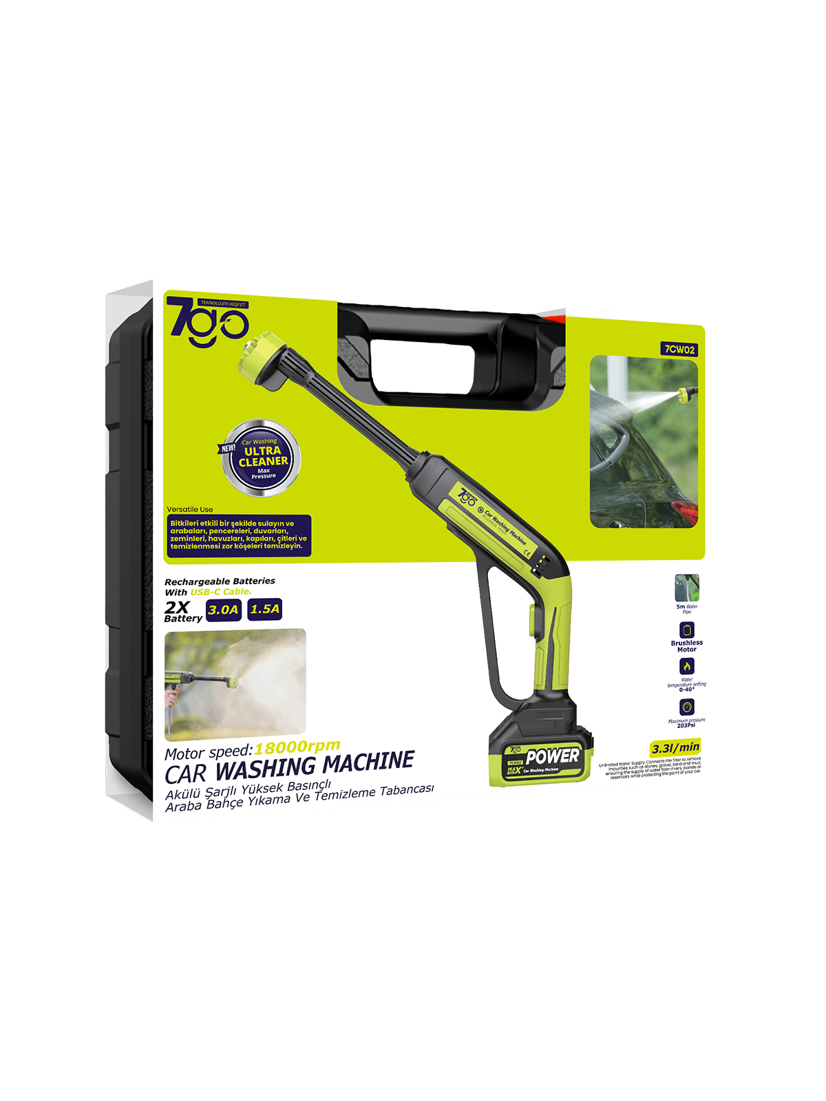 7GO 7CW02 Akülü Şarjlı Yüksek Basınçlı Araç ve Bahçe Yıkama Temizleme Tabancası | 2 Batarya, 5m Hortum, Köpük Aparatı