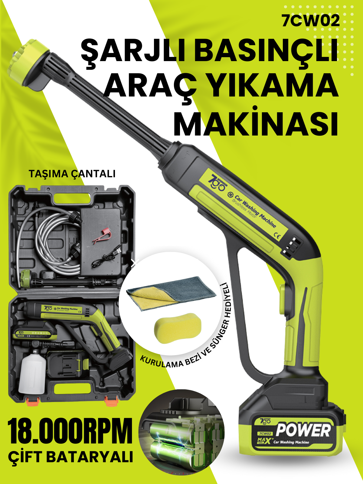 7GO 7CW02 Akülü Şarjlı Yüksek Basınçlı Araç ve Bahçe Yıkama Temizleme Tabancası | 2 Batarya, 5m Hortum, Köpük Aparatı