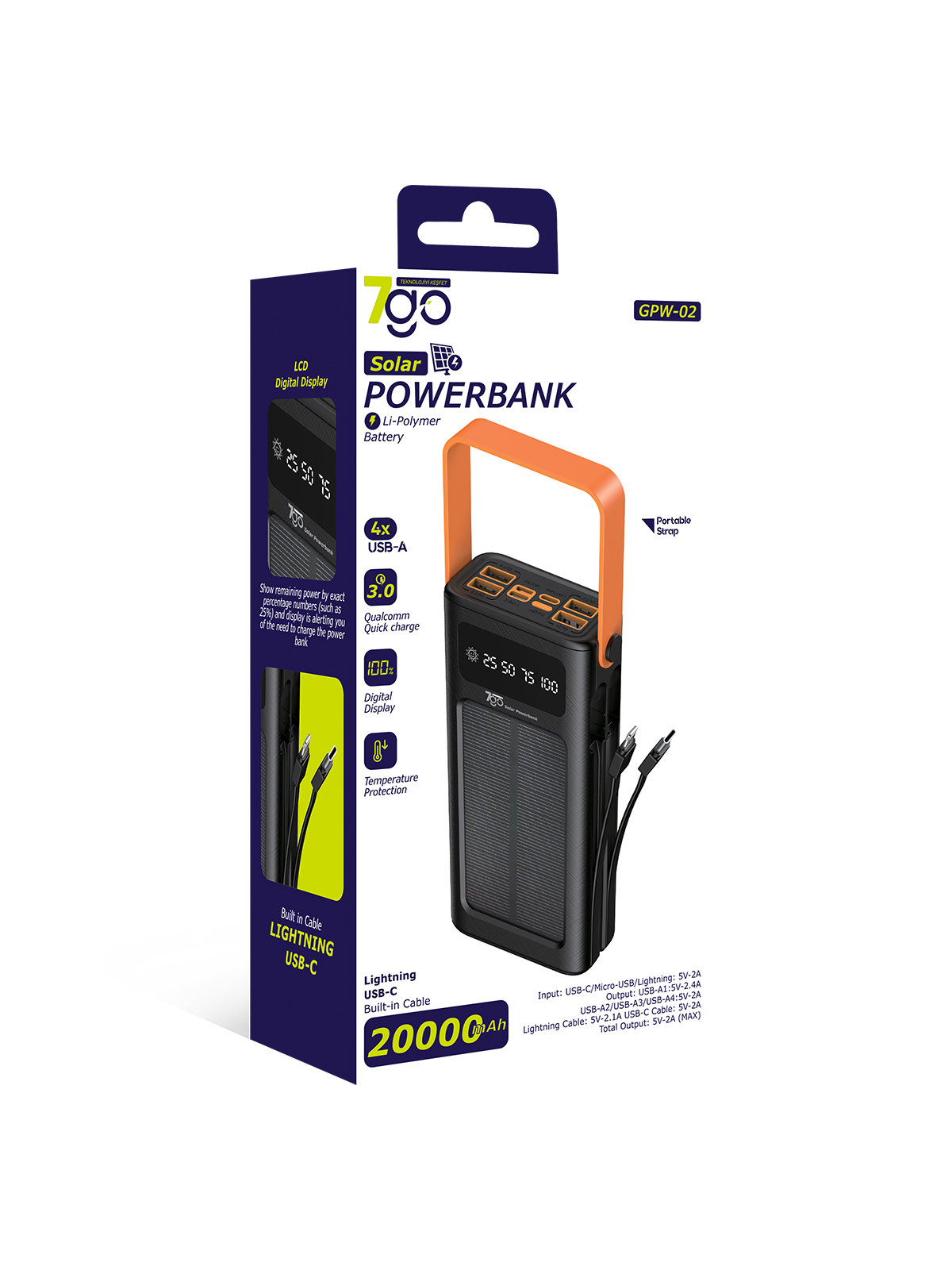 7GO GPW-02 20.000mAh Solar Powerbank – 4xUSB-A, Qualcomm 3.0 Hızlı Şarj, Dahili Lightning & USB-C Kablo, Dijital Yüzdelik Ekran