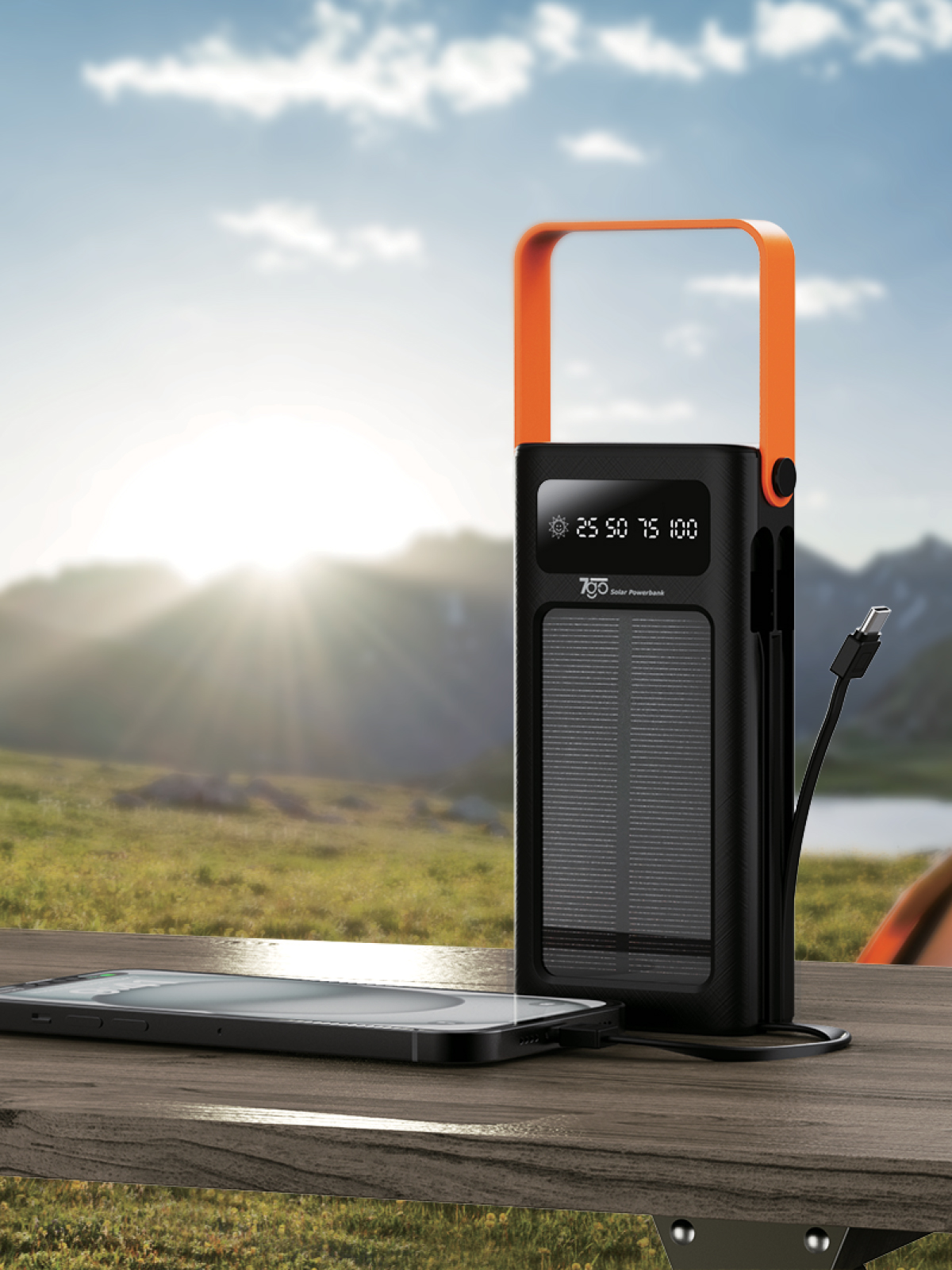 7GO GPW-02 20.000mAh Solar Powerbank – 4xUSB-A, Qualcomm 3.0 Hızlı Şarj, Dahili Lightning & USB-C Kablo, Dijital Yüzdelik Ekran