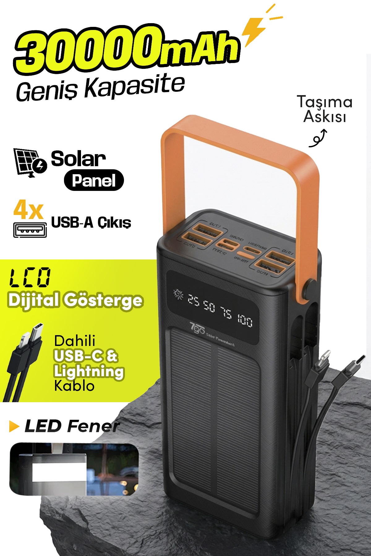 7GO GPW-03 30.000mAh Solar Powerbank – 4xUSB-A, Qualcomm 3.0 Hızlı Şarj, Dahili Lightning & USB-C Kablo, Dijital Yüzdelik Ekran