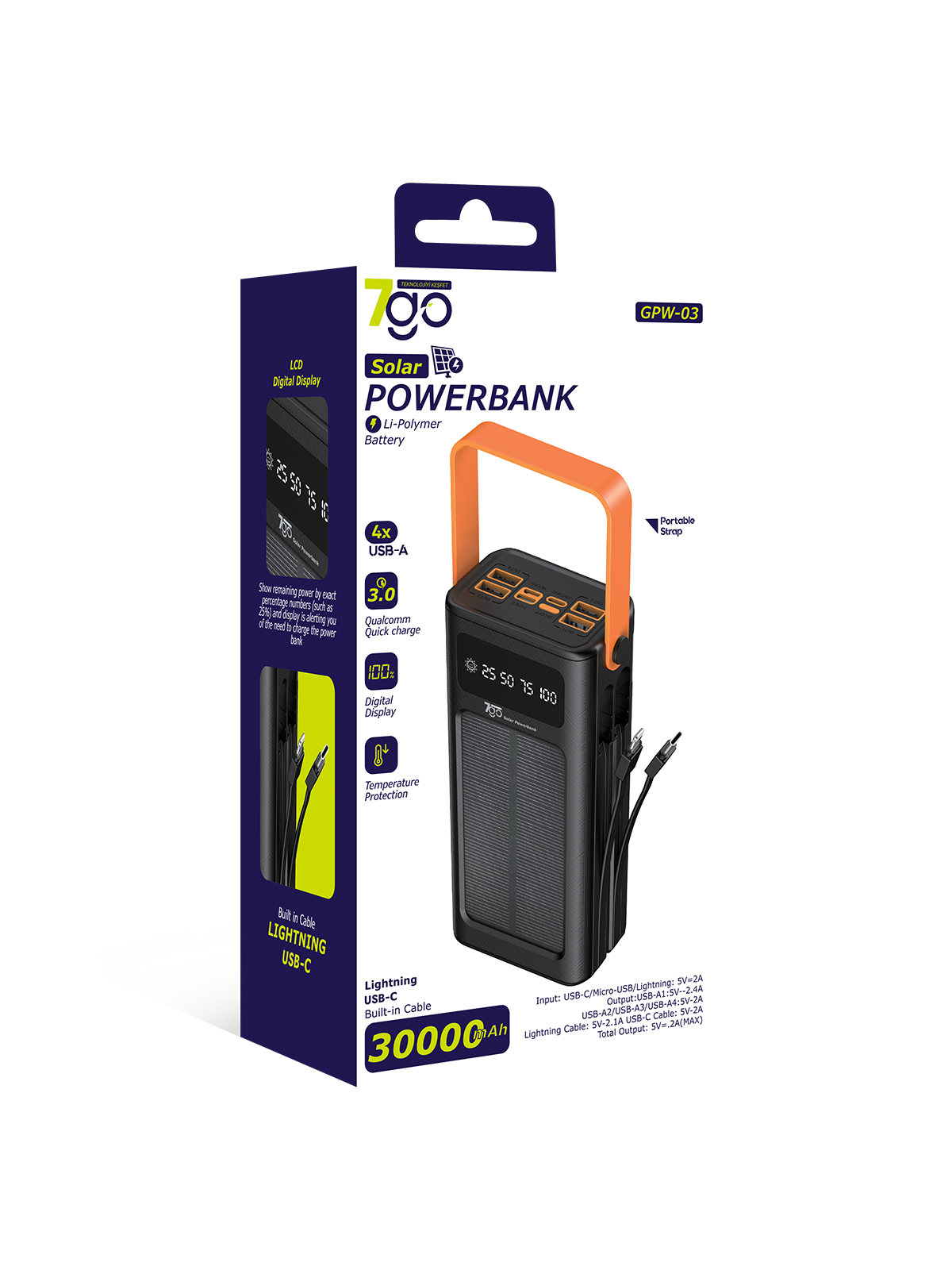 7GO GPW-03 30.000mAh Solar Powerbank – 4xUSB-A, Qualcomm 3.0 Hızlı Şarj, Dahili Lightning & USB-C Kablo, Dijital Yüzdelik Ekran
