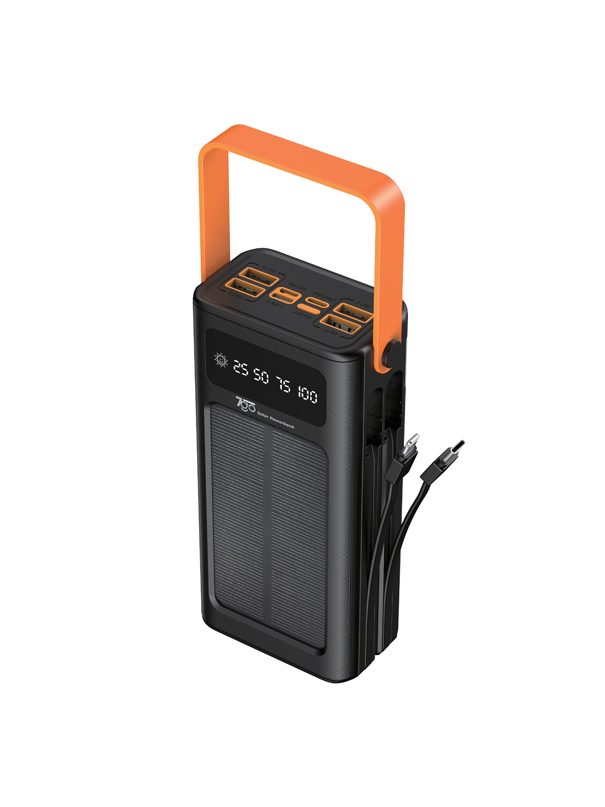 7GO GPW-03 30.000mAh Solar Powerbank – 4xUSB-A, Qualcomm 3.0 Hızlı Şarj, Dahili Lightning & USB-C Kablo, Dijital Yüzdelik Ekran