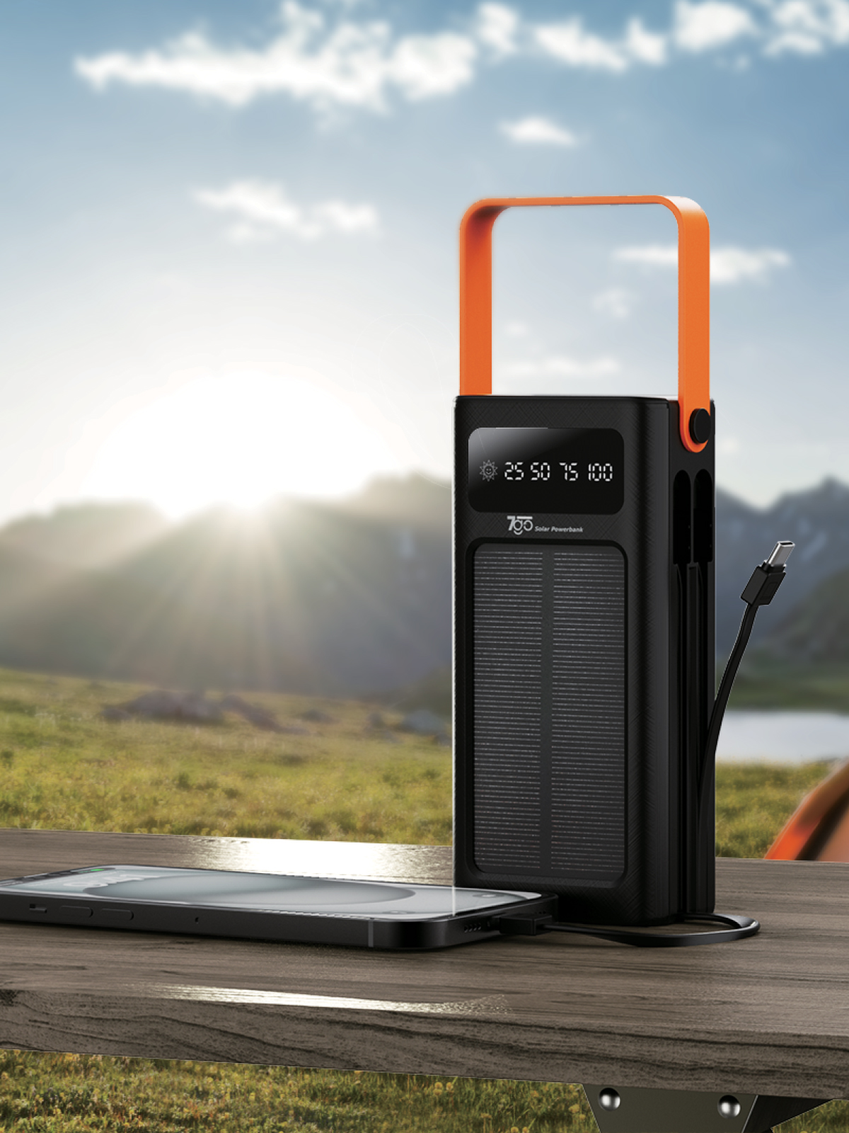 7GO GPW-03 30.000mAh Solar Powerbank – 4xUSB-A, Qualcomm 3.0 Hızlı Şarj, Dahili Lightning & USB-C Kablo, Dijital Yüzdelik Ekran