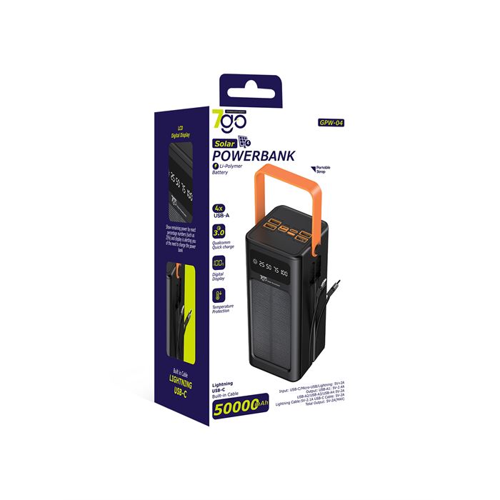 7GO GPW-04 50.000mAh Solar Powerbank – 4xUSB-A, Qualcomm 3.0 Hızlı Şarj, Dahili Lightning & USB-C Kablo, Dijital Yüzdelik Ekran