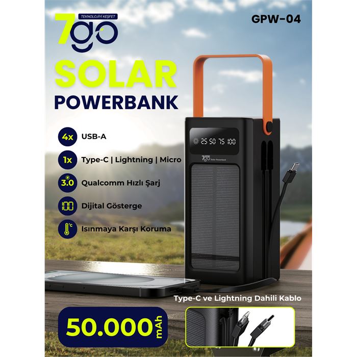7GO GPW-04 50.000mAh Solar Powerbank – 4xUSB-A, Qualcomm 3.0 Hızlı Şarj, Dahili Lightning & USB-C Kablo, Dijital Yüzdelik Ekran