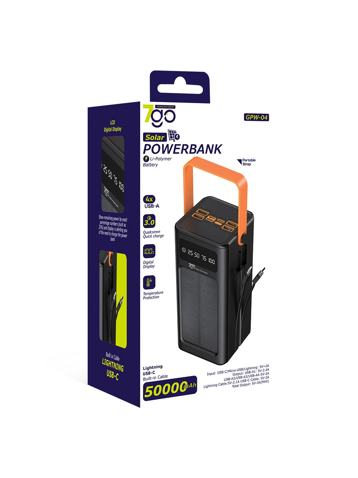 7GO GPW-04 50.000mAh Solar Powerbank – 4xUSB-A, Qualcomm 3.0 Hızlı Şarj, Dahili Lightning & USB-C Kablo, Dijital Yüzdelik Ekran