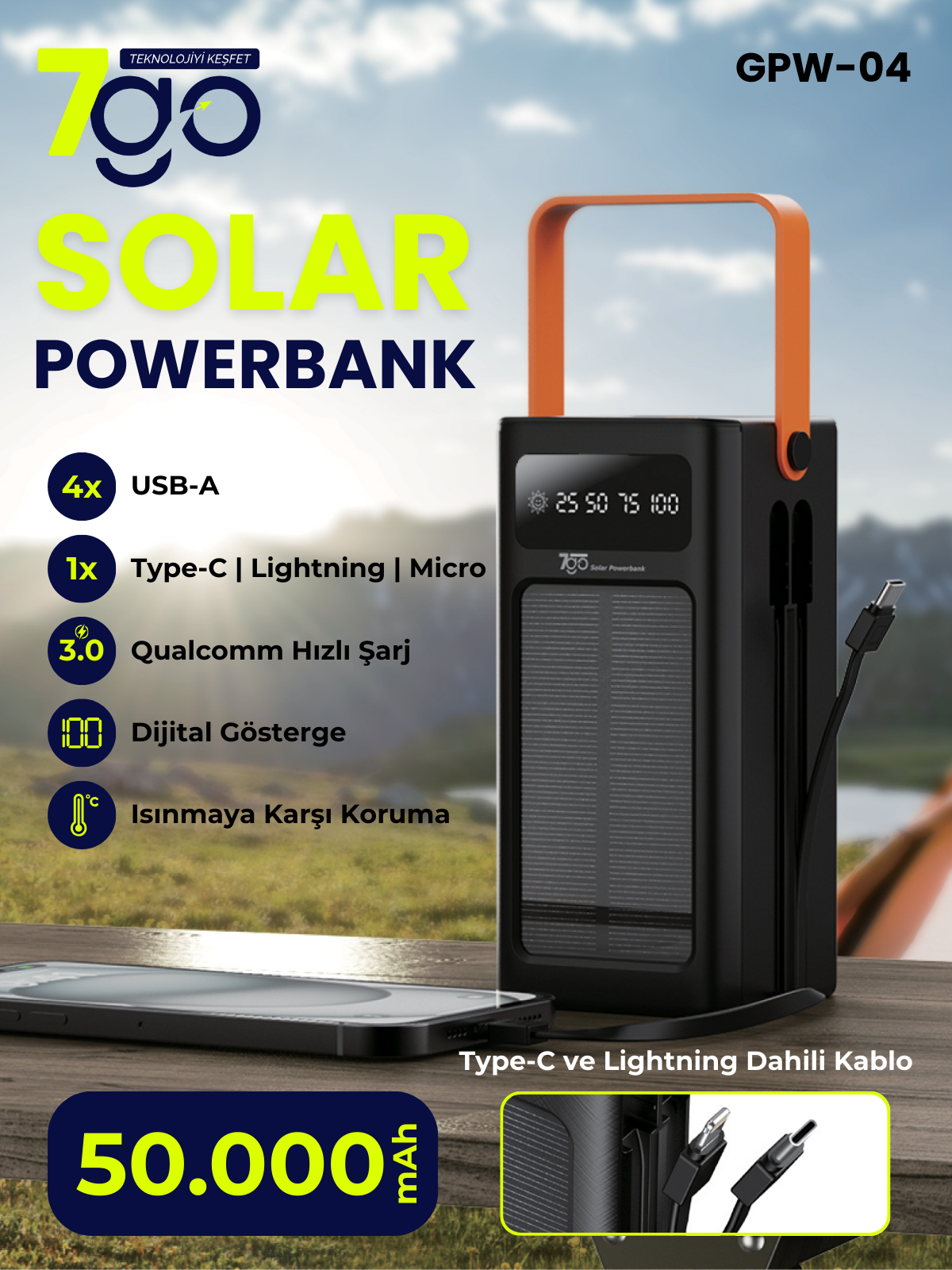 7GO GPW-04 50.000mAh Solar Powerbank – 4xUSB-A, Qualcomm 3.0 Hızlı Şarj, Dahili Lightning & USB-C Kablo, Dijital Yüzdelik Ekran