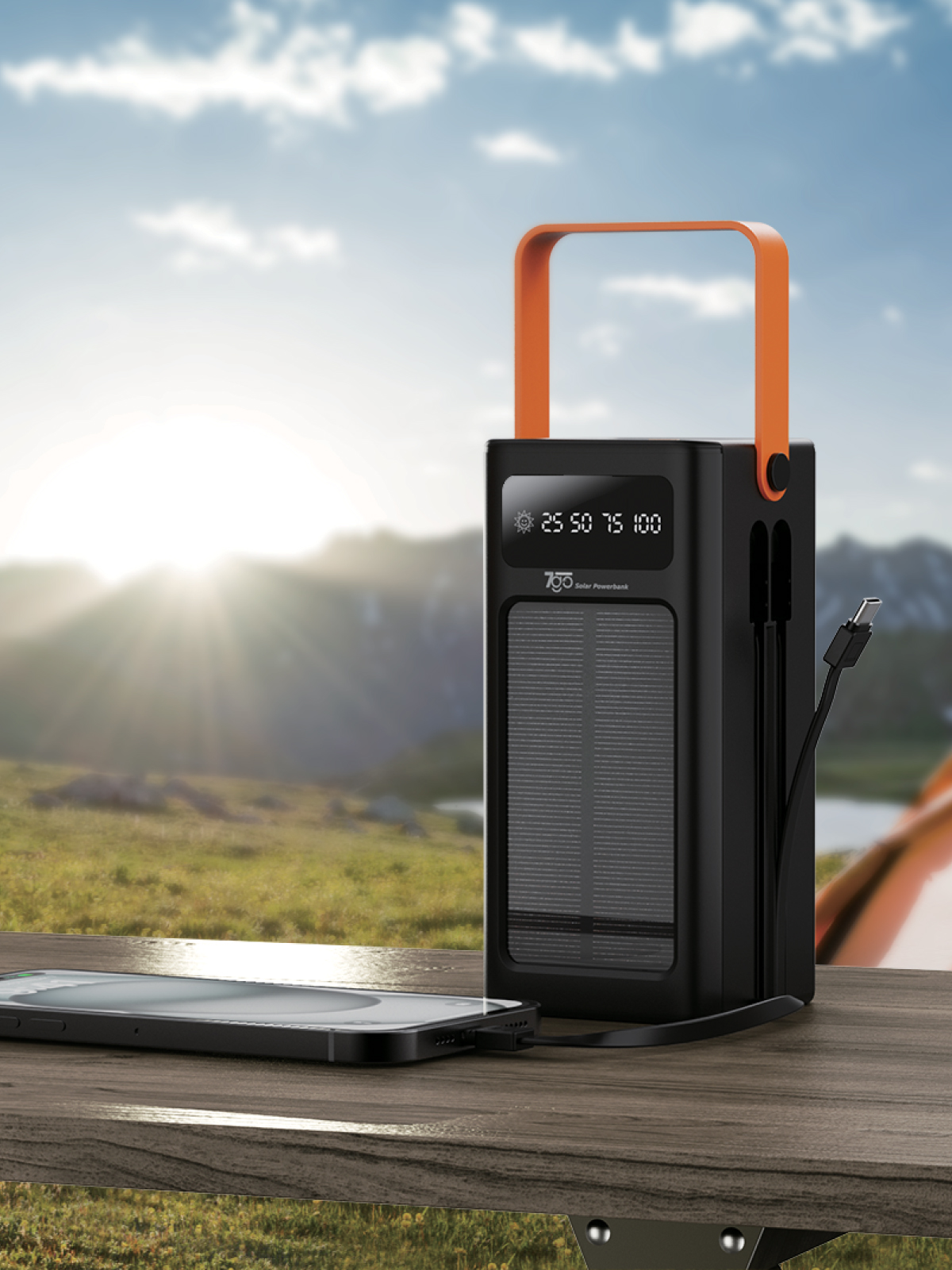 7GO GPW-04 50.000mAh Solar Powerbank – 4xUSB-A, Qualcomm 3.0 Hızlı Şarj, Dahili Lightning & USB-C Kablo, Dijital Yüzdelik Ekran