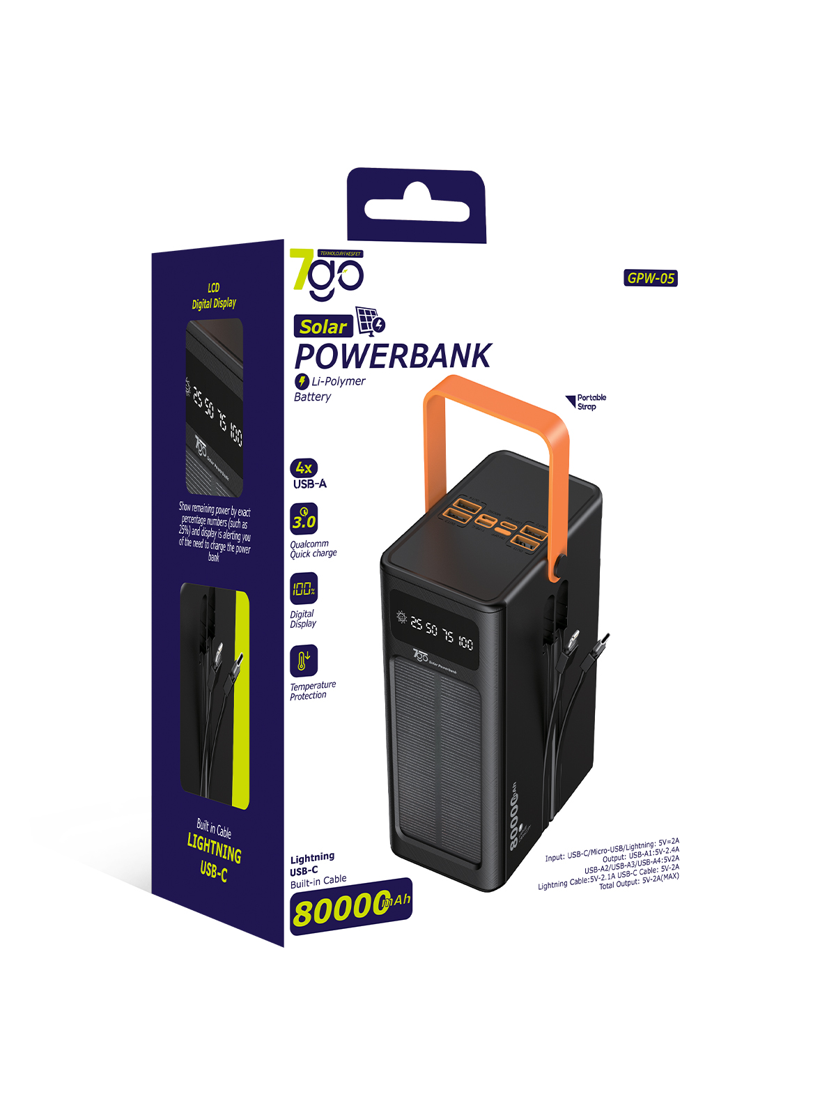 7GO GPW-05 80.000mAh Solar Powerbank – 4xUSB-A, Qualcomm 3.0 Hızlı Şarj, Dahili Lightning & USB-C Kablo, Dijital Yüzdelik Ekran