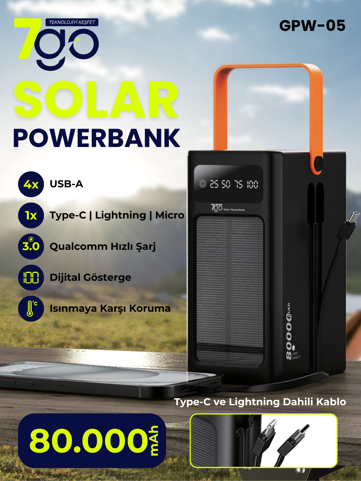 7GO GPW-05 80.000mAh Solar Powerbank – 4xUSB-A, Qualcomm 3.0 Hızlı Şarj, Dahili Lightning & USB-C Kablo, Dijital Yüzdelik Ekran