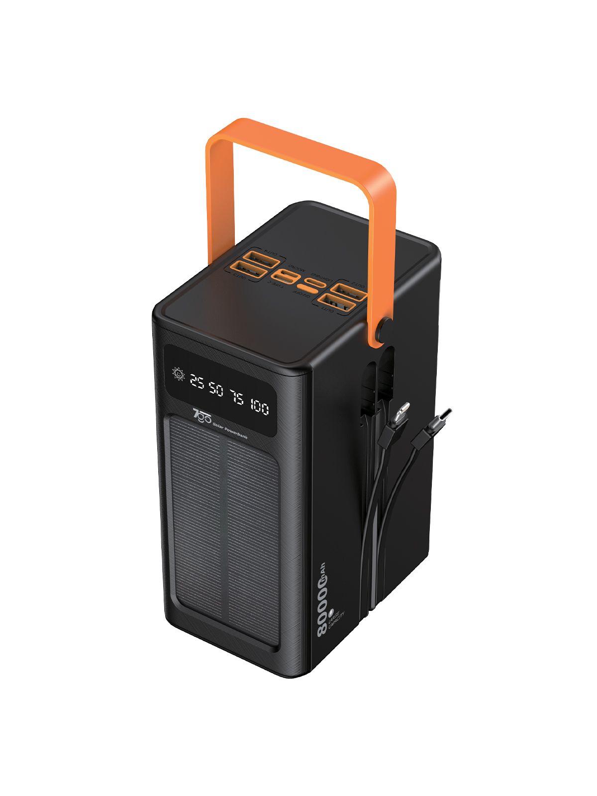 7GO GPW-05 80.000mAh Solar Powerbank – 4xUSB-A, Qualcomm 3.0 Hızlı Şarj, Dahili Lightning & USB-C Kablo, Dijital Yüzdelik Ekran