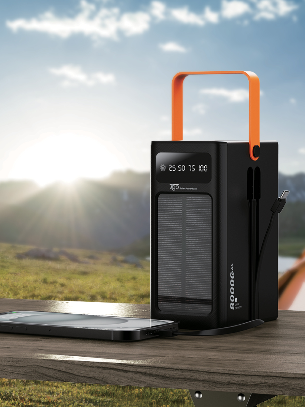 7GO GPW-05 80.000mAh Solar Powerbank – 4xUSB-A, Qualcomm 3.0 Hızlı Şarj, Dahili Lightning & USB-C Kablo, Dijital Yüzdelik Ekran