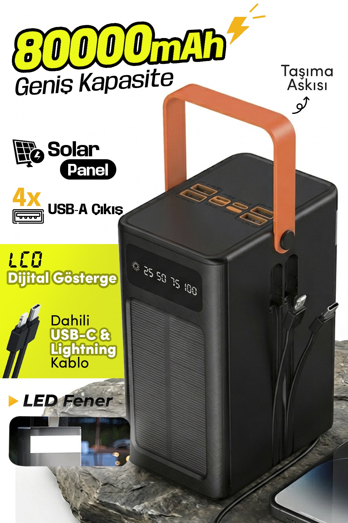 7GO GPW-05 80.000mAh Solar Powerbank – 4xUSB-A, Qualcomm 3.0 Hızlı Şarj, Dahili Lightning & USB-C Kablo, Dijital Yüzdelik Ekran