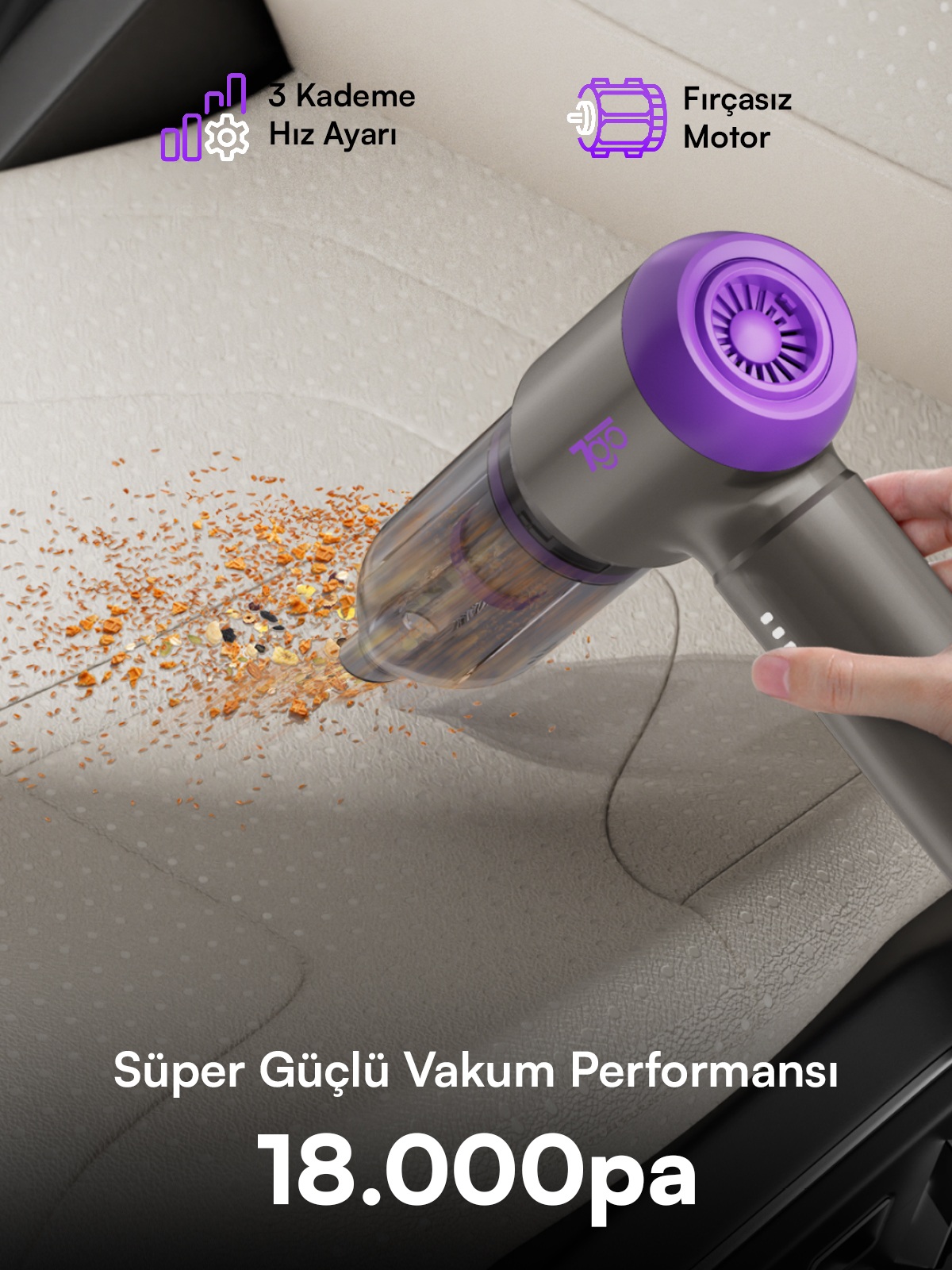 7GO 7GAB-02 Kablosuz Araç İçi Süpürge | 18.000PA Güçlü Emiş | Fırçasız Motor | 6000mAh Batarya | Toz Üfleme & Vakum 2’si 1 Arada