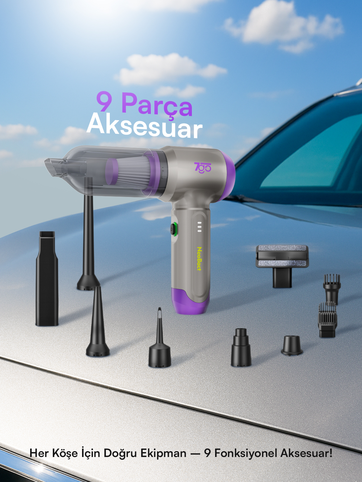 7GO 7GAB-02 Kablosuz Araç İçi Süpürge | 18.000PA Güçlü Emiş | Fırçasız Motor | 6000mAh Batarya | Toz Üfleme & Vakum 2’si 1 Arada