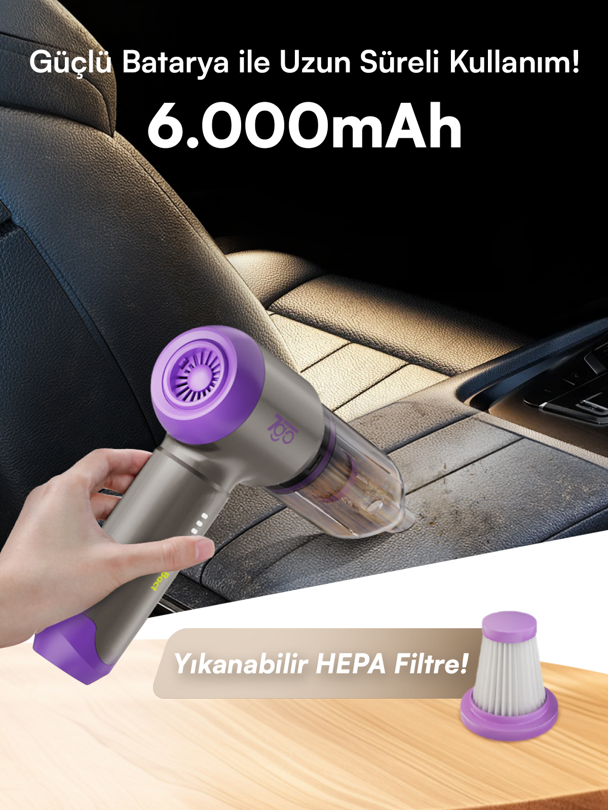 7GO 7GAB-02 Kablosuz Araç İçi Süpürge | 18.000PA Güçlü Emiş | Fırçasız Motor | 6000mAh Batarya | Toz Üfleme & Vakum 2’si 1 Arada