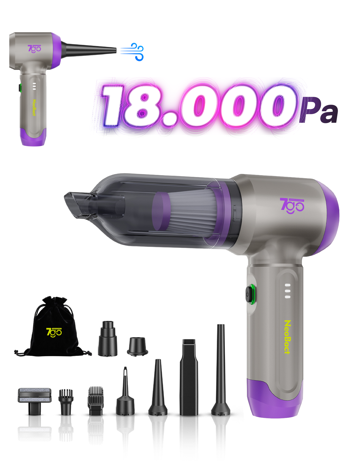 7GO 7GAB-02 Kablosuz Araç İçi Süpürge | 18.000PA Güçlü Emiş | Fırçasız Motor | 6000mAh Batarya | Toz Üfleme & Vakum 2’si 1 Arada