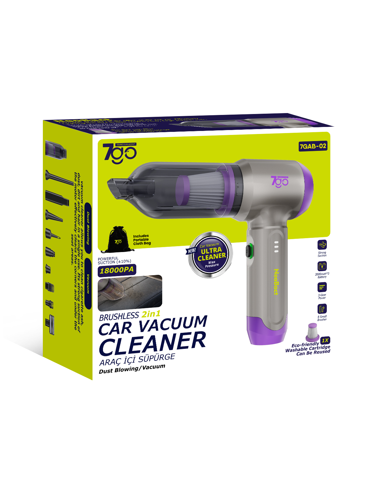 7GO 7GAB-02 Kablosuz Araç İçi Süpürge | 18.000PA Güçlü Emiş | Fırçasız Motor | 6000mAh Batarya | Toz Üfleme & Vakum 2’si 1 Arada