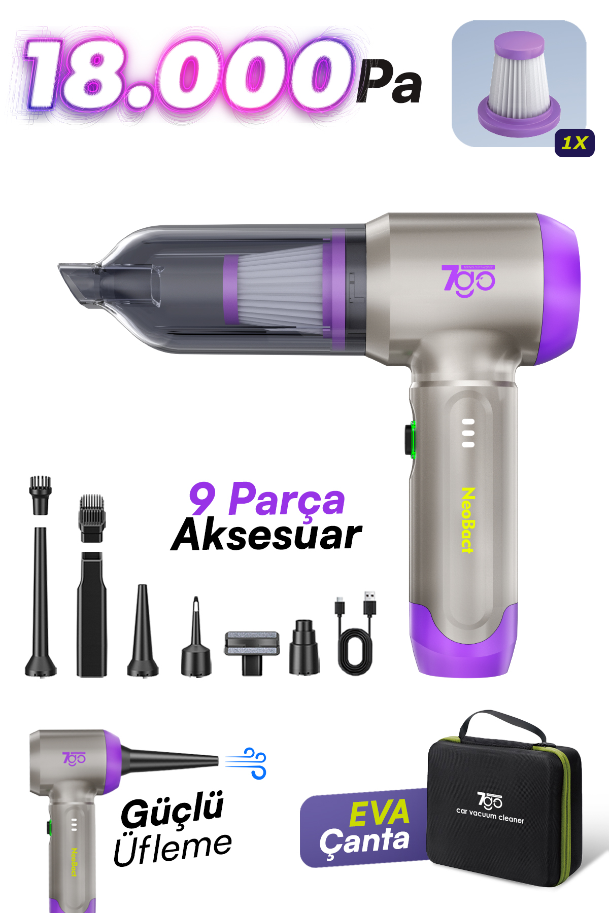 7GO 7GAB-02 Kablosuz Araç İçi Süpürge | 18.000PA Güçlü Emiş | Fırçasız Motor | 6000mAh Batarya | Toz Üfleme & Vakum 2’si 1 Arada